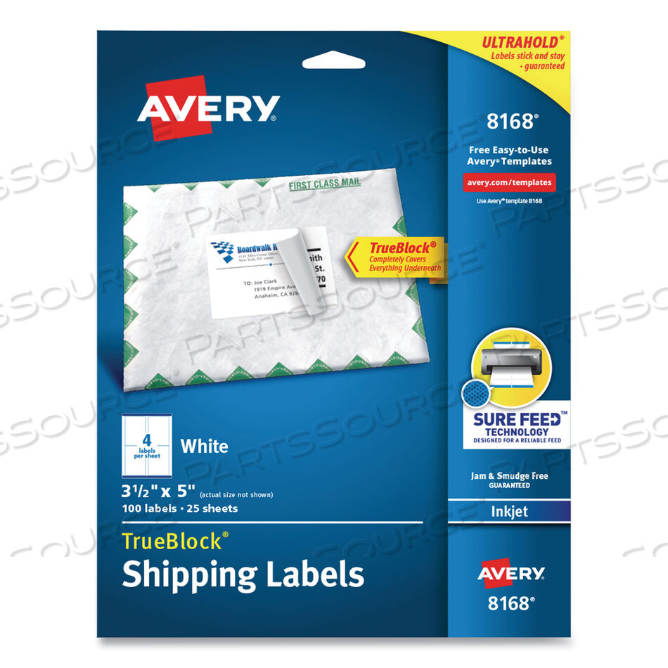 OEM#: 8168SHIPPING LABELS W/ TRUEBLOCK TECHNOLOGY, INKJET PRINTERS, 3.5 X 5, WHITE, 4/SHEET, 25 SHEETS/PACK by Avery