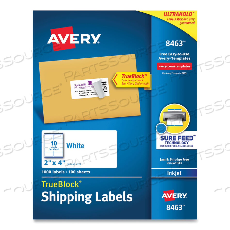 OEM#: 8463SHIPPING LABELS W/ TRUEBLOCK TECHNOLOGY, INKJET PRINTERS, 2 X 4, WHITE, 10/SHEET, 100 SHEETS/BOX by Avery