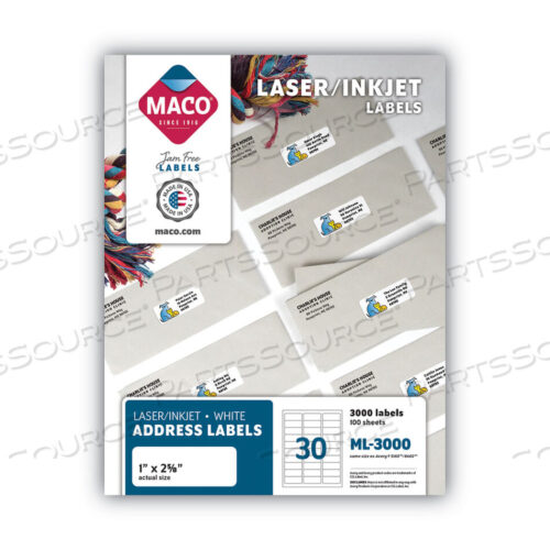 OEM#: MML-3000WHITE LASER/INKJET SHIPPING ADDRESS LABELS, INKJET/LASER PRINTERS, 1 X 2.63, WHITE, 30 LABELS/SHEET, 100 SHEETS/BOX by Maco
