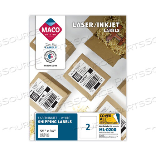 OEM#: ML0200COVER-ALL OPAQUE LASER/INKJET SHIPPING LABELS, INTERNET FORMAT, 5.5 X 8.5, WHITE, 2 LABELS/SHEET, 100 SHEETS/BOX by Maco