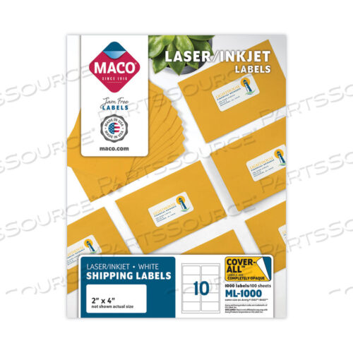 OEM#: ML1000COVER-ALL OPAQUE LASER/INKJET SHIPPING LABELS, INKJET/LASER PRINTERS, 2 X 4, WHITE, 10 LABELS/SHEET, 100 SHEETS/BOX by Maco