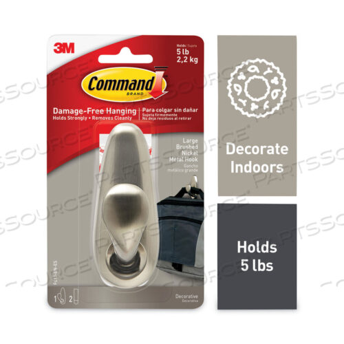 OEM#: FC13BNESADHESIVE MOUNT METAL HOOK, LARGE, BRUSHED NICKEL FINISH, 5 LB CAPACITY, 1 HOOK AND 2 STRIPS/PACK by 3M Consumer