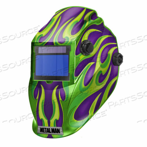 OEM#: APG8735SGCBIG WINDOW AUTO DARKENING WELDING HELMET, VARIABLE SHADE CONTROL -PURPLE/GREEN FLAME by Metal Man Work Gear