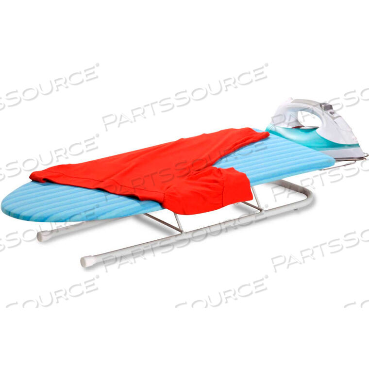 OEM#: BRD-01435DELUXE TABLETOP IRONING BOARD W/RETRACTABLE IRON REST, WHITE FRAME/AQUA BLUE COVER, 0.6MM WOOD TOP by Honey-Can-Do