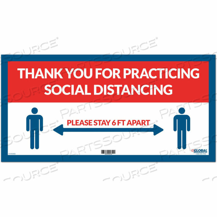 OEM#: CP005802RED THANK YOU FOR SOCIAL DISTANCING SIGN, 24W X 12H, ADHESIVE VINYL by The Magnet Group
