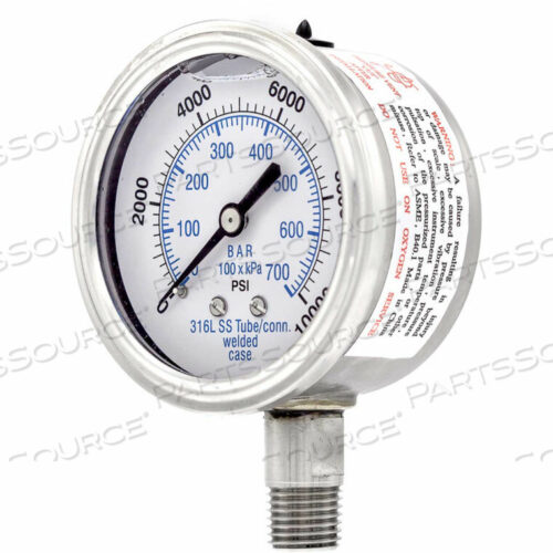 OEM#: 301L-254U2.5 ALL STAINLESS PRESSURE GAUGE, 1/4 NPT, 0/10,000 PSI, GLYCERINE FILL, LM by PIC Gauges