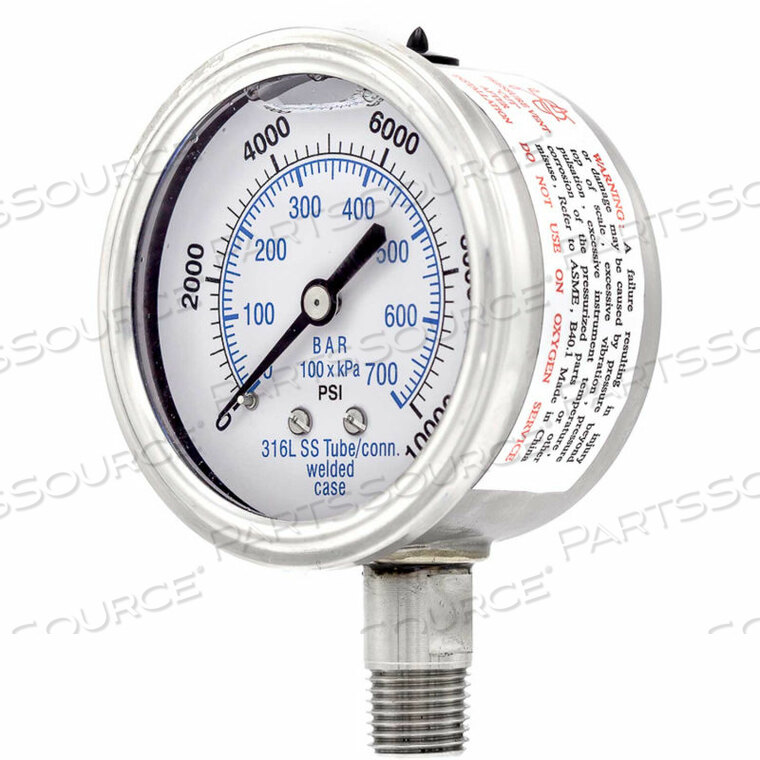 OEM#: 301L-254U2.5 ALL STAINLESS PRESSURE GAUGE, 1/4 NPT, 0/10,000 PSI, GLYCERINE FILL, LM by PIC Gauges
