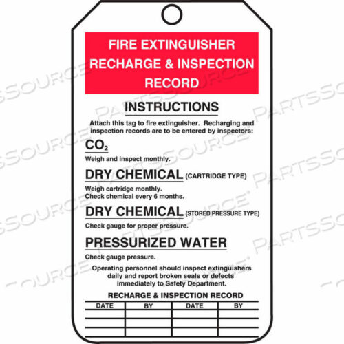 OEM#: MGT208CTPFIRE EXTINGUISHER RECHARGE & INSPECTION TAG, PF-CARDSTOCK, 25/PACK by Accuform Manufacturing, Inc.