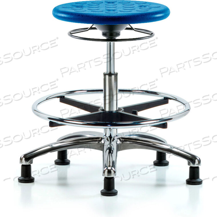 OEM#: CLR-IPMBSO-CR-CF-RG-BLUBLUE RIDGE ERGONOMICS CLEANROOM STOOL WITH GLIDES AND FOOTRING - MEDIUM BENCH HEIGHT - BLUE by E Com Inc