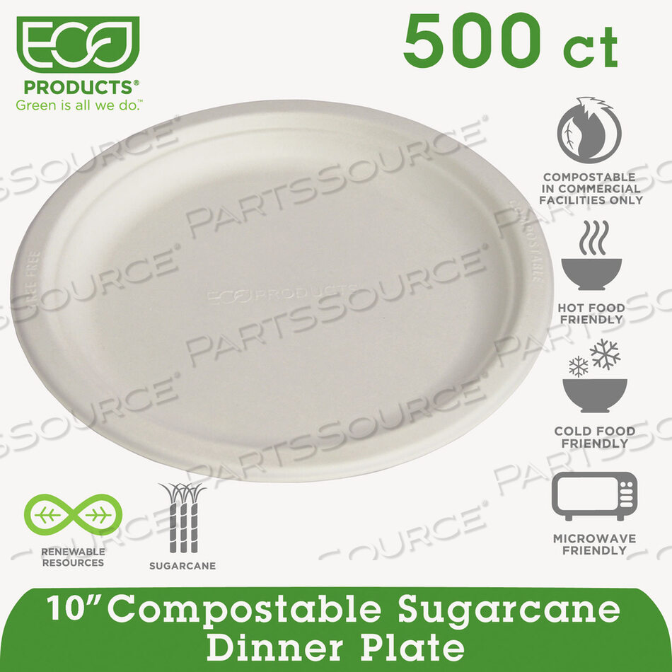 OEM#: EP-P005RENEWABLE AND COMPOSTABLE SUGARCANE PLATES, 10 DIA, NATURAL WHITE, 500/CARTON by Eco-Products