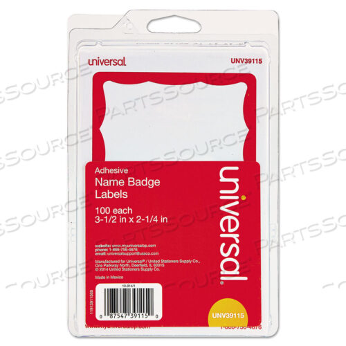 OEM#: UNV39115BORDER-STYLE SELF-ADHESIVE NAME BADGES, 3 1/2 X 2 1/4, WHITE/RED, 100/PACK by Universal