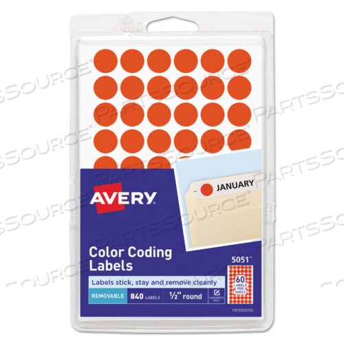 OEM#: 05051HANDWRITE ONLY SELF-ADHESIVE REMOVABLE ROUND COLOR-CODING LABELS, 0.5 DIA, NEON RED, 60/SHEET, 14 SHEETS/PACK, (5051) by Avery