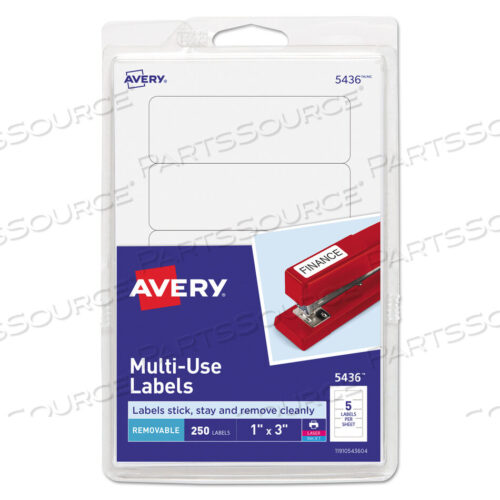 OEM#: 05436REMOVABLE MULTI-USE LABELS, INKJET/LASER PRINTERS, 1 X 3, WHITE, 5/SHEET, 50 SHEETS/PACK, (5436) by Avery