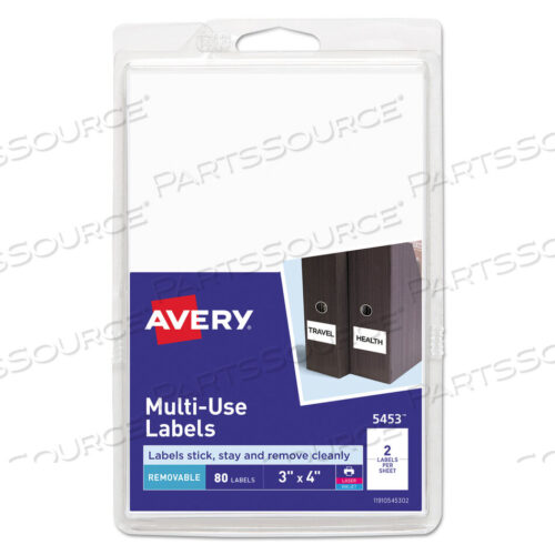 OEM#: 05453REMOVABLE MULTI-USE LABELS, INKJET/LASER PRINTERS, 3 X 4, WHITE, 2/SHEET, 40 SHEETS/PACK, (5453) by Avery