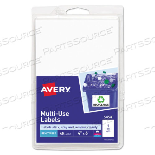 OEM#: 05454REMOVABLE MULTI-USE LABELS, INKJET/LASER PRINTERS, 4 X 6, WHITE, 40/PACK, (5454) by Avery