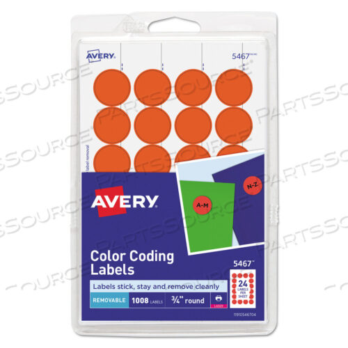 OEM#: 05467PRINTABLE SELF-ADHESIVE REMOVABLE COLOR-CODING LABELS, 0.75 DIA, NEON RED, 24/SHEET, 42 SHEETS/PACK, (5467) by Avery