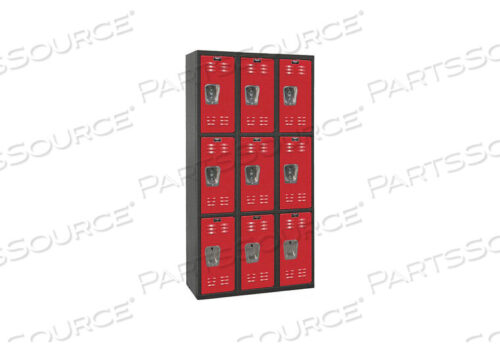 OEM#: U3282-3MRTRIPLE TIER 9 DOOR BLACK TIE STEEL LOCKER, 12WX18DX24H, BLACK/RED, UNASSEMBLED by Hallowell