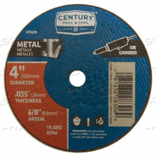 OEM#: 08306CUTTING WHEEL 4 X 3/8 ALUMINUM OXIDE by Century Drill And Tool