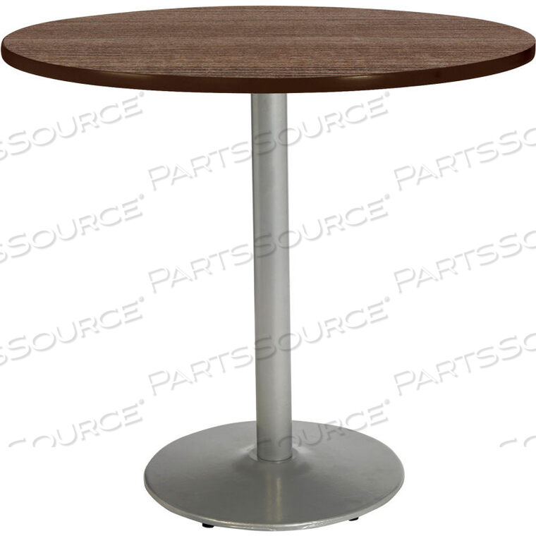 OEM#: T48RD-B1930-SL-7960K-3148 X 36H ROUND COUNTER HEIGHT PEDESTAL TABLE - STUDIO TEAK TOP - ROUND SILVER BASE by KFI