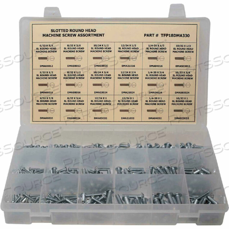 OEM#: TFP18DMA330330 PIECE MACHINE SCREW ASSORTMENT - #6 TO 1/4 - SLOTTED ROUND HEAD - STEEL - ZINC PLATED by Titan Fasteners