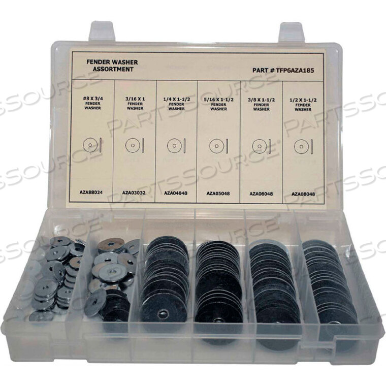OEM#: TFP6AZA185185 PIECE FENDER WASHER ASSORTMENT - #8 TO 1/2 - GRADE 2 - STEEL - ZINC by Titan Fasteners