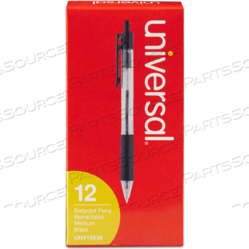 OEM#: UNV15530COMFORT GRIP RETRACTABLE BALLPOINT PEN, 1MM, BLACK INK, CLEAR BARREL, DOZEN by Universal Products