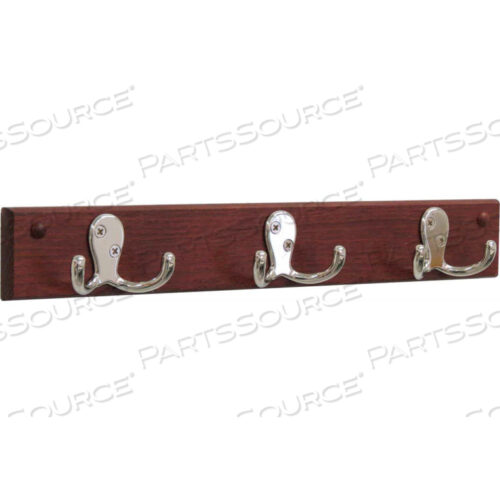 OEM#: HSD3NMHWALL MOUNTED COAT RACK, 3 DOUBLE PRONG HOOK RAIL, NICKEL/MAHOGANY by Wooden Mallet