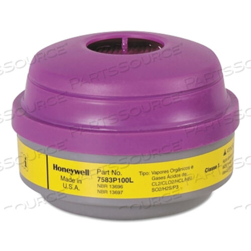 OEM#: 7583P100LCOMBINATION GAS AND VAPOR CARTRIDGE, YELLOW/MAGENTA, CHLORINE/HYDROGEN CHLORIDE/ORGANIC VAPORS, P100 FILTER by North Safety
