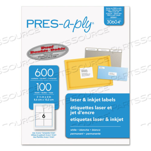 OEM#: 30604LABELS, LASER PRINTERS, 3.33 X 4, WHITE, 6/SHEET, 100 SHEETS/BOX by PRES-a-ply