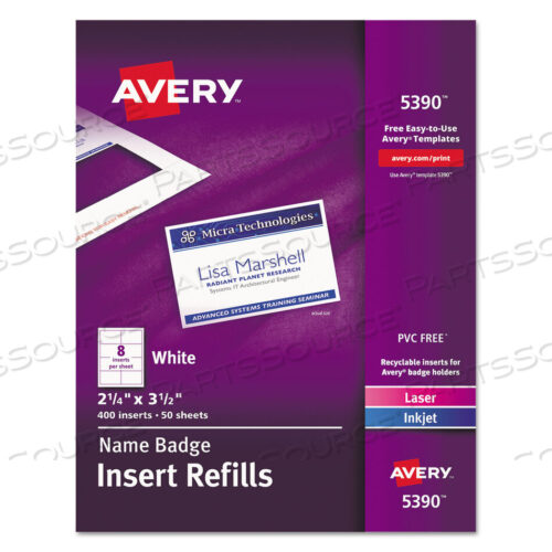 OEM#: 5390NAME BADGE INSERT REFILLS, HORIZONTAL/VERTICAL, 2 1/4 X 3 1/2, WHITE, 400/BOX by Avery