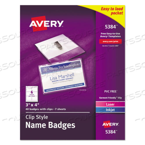OEM#: 5384CLIP-STYLE NAME BADGE HOLDER WITH LASER/INKJET INSERT, TOP LOAD, 4 X 3, WHITE, 40/BOX by Avery