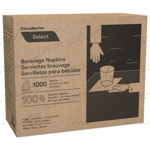 SELECT BEVERAGE NAPKINS, 1 PLY, 8.5 X 8.5, WHITE, 1,000/PACK, 4 PACKS/CARTON