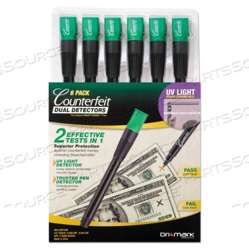 OEM#: 351UV6COUNTERFEIT MONEY DETECTION SYSTEM, UV LIGHT, WATERMARK DETECTOR, COLOR CHANGE INK, U.S. CURRENCY, 0.8 X 0.8 X 6, BLACK/GREEN by Dri-Mark