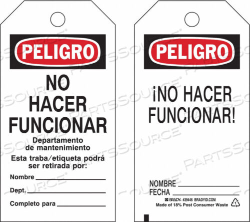 OEM#: 39446DANGER TAG PELIGRO ECON POLY PK25 by Brady Americas