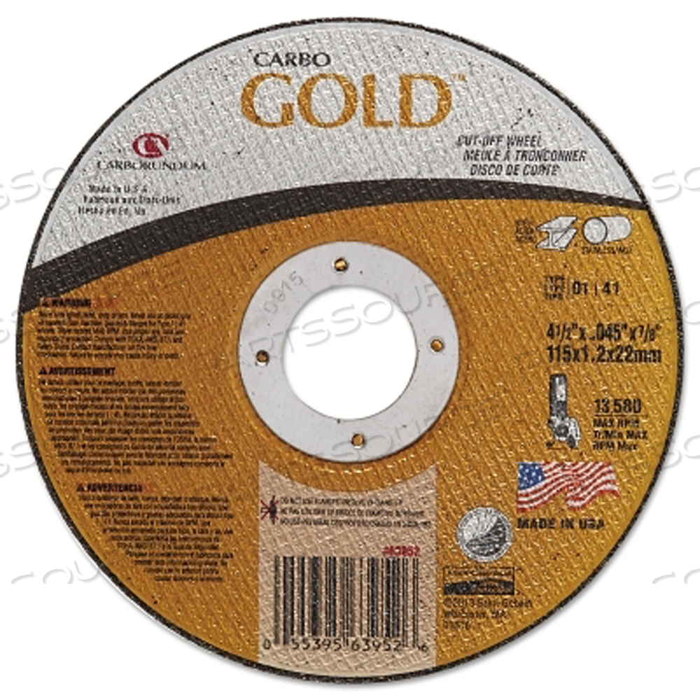OEM#: 05539563952CARBO GOLDCUT REINFORCED ALUMINUM OXIDE ABRASIVE, 4-1/2 IN DIA, 0.045 IN THICK, 7/8 IN ARBOR, 60 GRIT by Norton | Saint-Gobain Abrasives