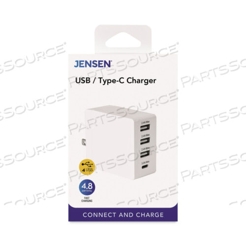 4-PORT USB AND TYPE-C WALL CHARGER, WHITE