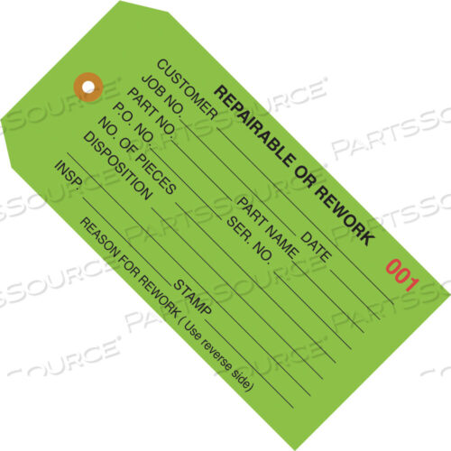 OEM#: G20041INSPECTION TAGS, REPAIRABLE OR REWORK, 4 3/4 X 2 3/8, GREEN, 1000/CASE by BOX Partners (Box Acquisitions, LLC)