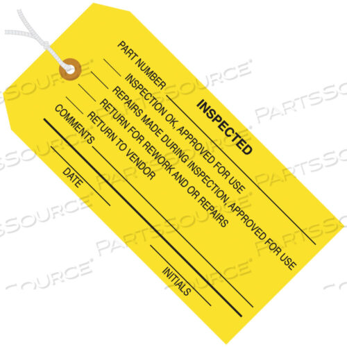 OEM#: G20062INSPECTION TAGS, PRE-STRUNG, INSPECTED, 4 3/4 X 2 3/8, YELLOW, 1000/CASE by BOX Partners (Box Acquisitions, LLC)