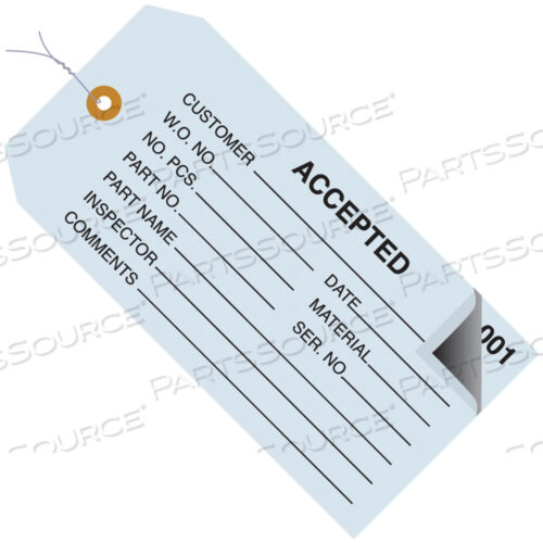 OEM#: G21013INSPECTION TAGS, 2 PART, NUMBERED 001-499, PRE-WIRED, ACCEPTED, 4 3/4 X 2 3/8, BLUE, 500/CASE by BOX Partners (Box Acquisitions, LLC)