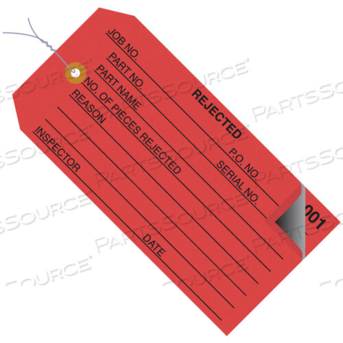 OEM#: G21023INSPECTION TAGS, 2 PART, NUMBERED 001-499, PRE-WIRED, REJECTED, 4 3/4 X 2 3/8, RED, 500/CASE by BOX Partners (Box Acquisitions, LLC)