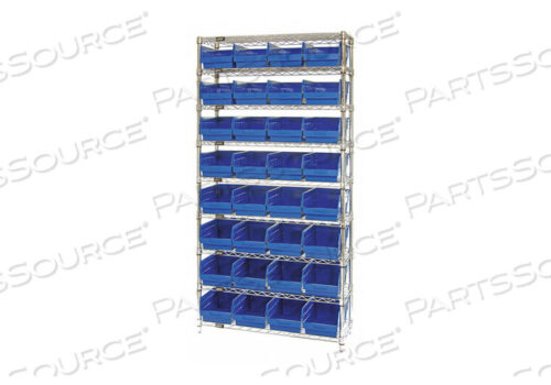 OEM#: WR9-208BLWR9-208 CHROME WIRE SHELVING WITH 32 6H PLASTIC SHELF BINS BLUE, 36X18X74 by Quantum Storage Systems