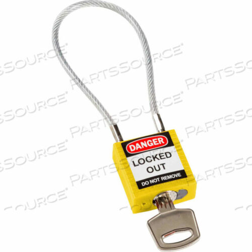 OEM#: 146121CABLE SAFETY PADLOCK WITH LABEL, 4-3/16H CLEARANCE STEEL CABLE, YELLOW by Brady Americas