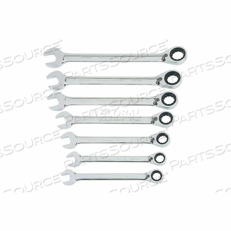 7 PIECE METRIC REV. RATCHETING COMBO WRENCH SET, 12 POINT