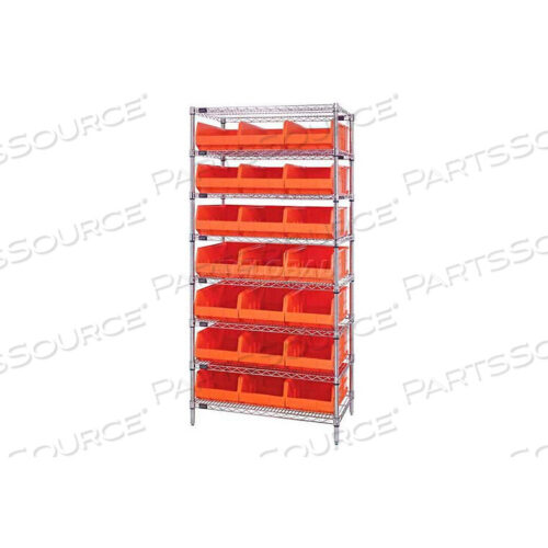 OEM#: WR8-485ORWR8-485 CHROME WIRE SHELVING WITH 21 SSB485 STACKABLE SHELF BINS ORANGE, 36X21X74 by Quantum Storage Systems