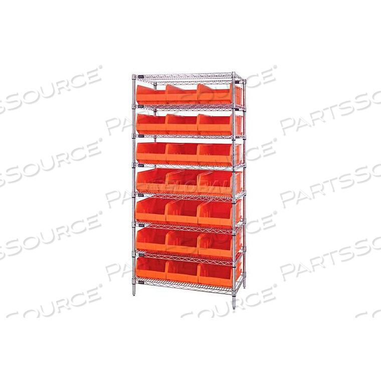 OEM#: WR8-485ORWR8-485 CHROME WIRE SHELVING WITH 21 SSB485 STACKABLE SHELF BINS ORANGE, 36X21X74 by Quantum Storage Systems