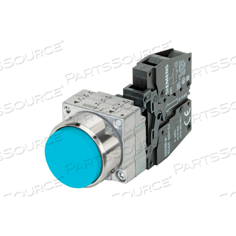 PUSHBUTTON, MOMENTARY, BLUE, EXTENDED CAP, COMPLETE UNIT, ROUND-METAL