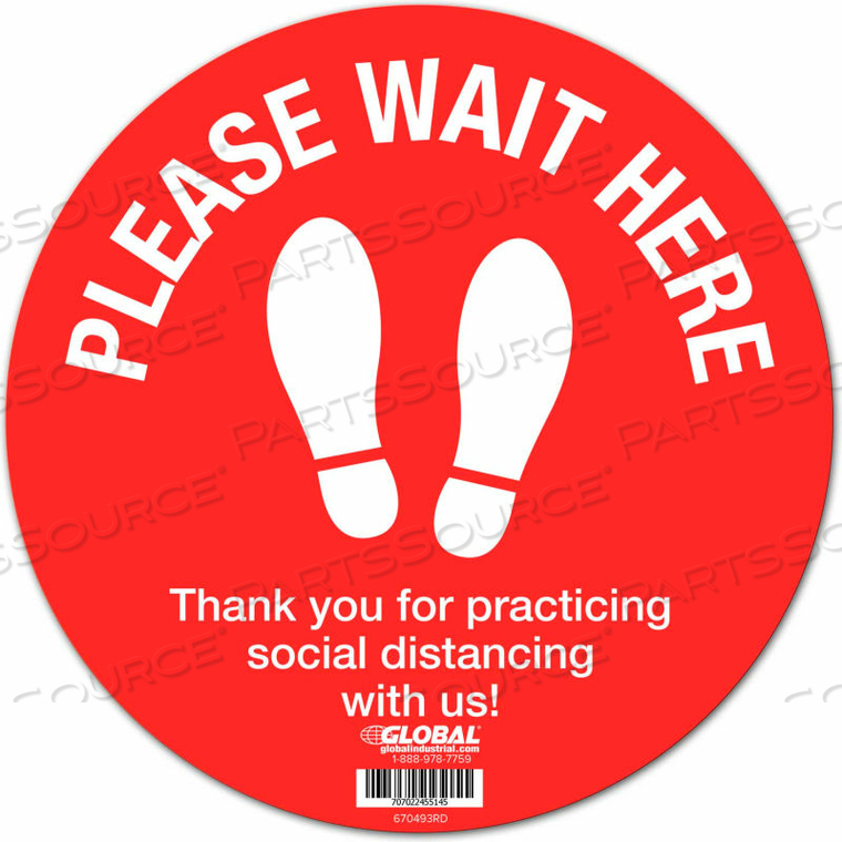 RED PLEASE WAIT HERE FLOOR SIGN, 12 ROUND, VINYL ADHESIVE