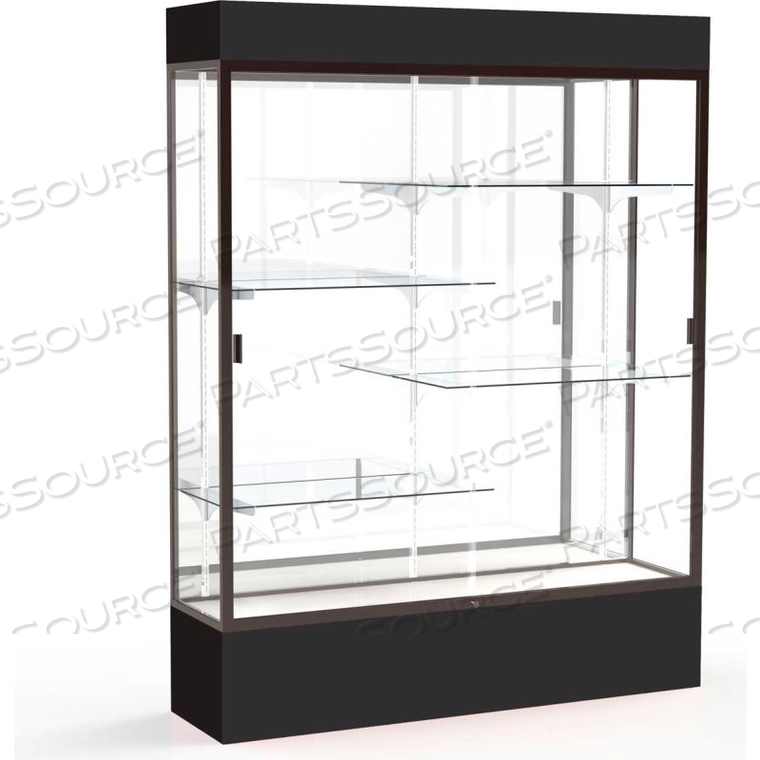 SPIRIT LIGHTED DISPLAY CASE 60W X 80H X 16D MIRROR BACK DARK BRONZE BLACK BASE & TOP