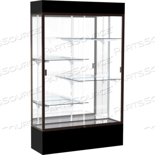 SPIRIT LIGHTED DISPLAY CASE 72W X 80H X 16D MIRROR BACK DARK BRONZE BLACK BASE & TOP