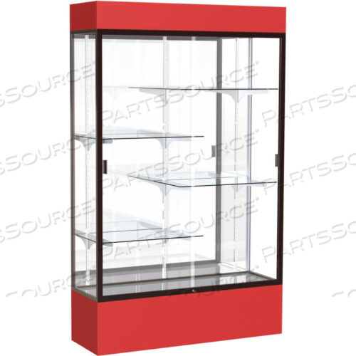 SPIRIT LIGHTED DISPLAY CASE 72W X 80H X 16D MIRROR BACK DARK BRONZE RED BASE & TOP